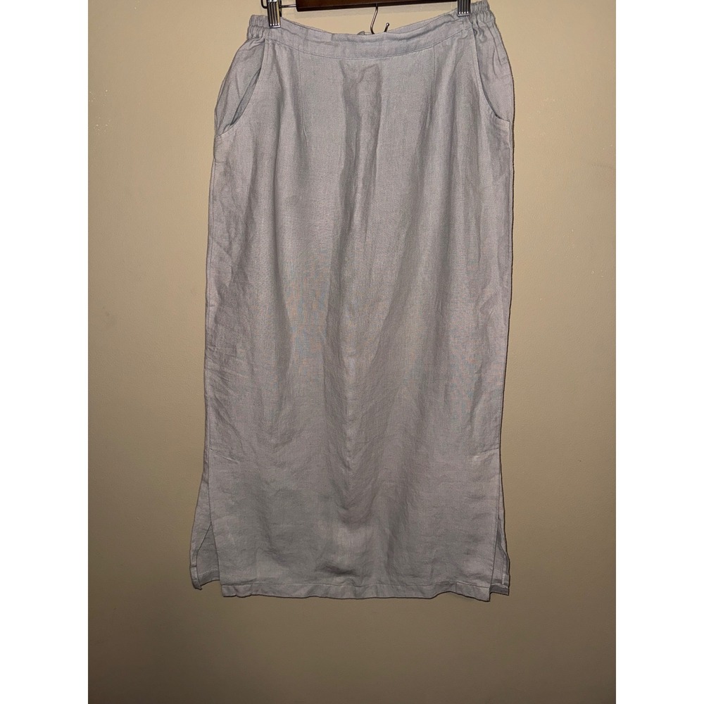 Minimalist Gray 100%Linen Maxi Skirt Side Slits Pockets Elastic Back M Lagenlook